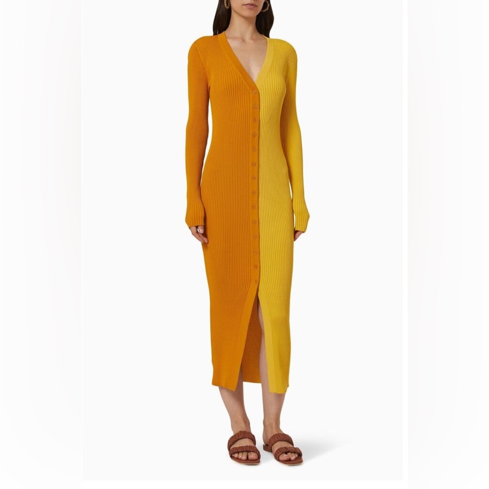 STAUD Yellow Long Sleeve Button-Down Dress Small